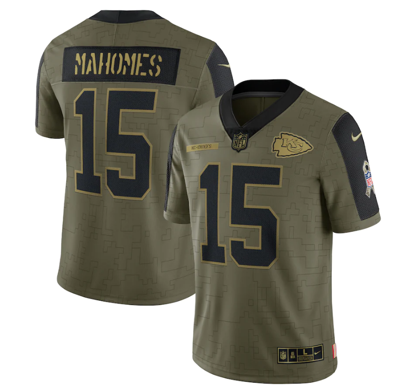 Men's Kansas City Chiefs #15 Patrick Mahomes 2021 Olive Salute To Service Limited Stitched Men's Kansas City Chiefs #15 Patrick Mahomes 2021 Olive Salute To Service Limited Stitched